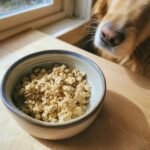 A bowl of Homemade Chicken and Oat High Fiber Kibbles with a dog sniffing nearby.