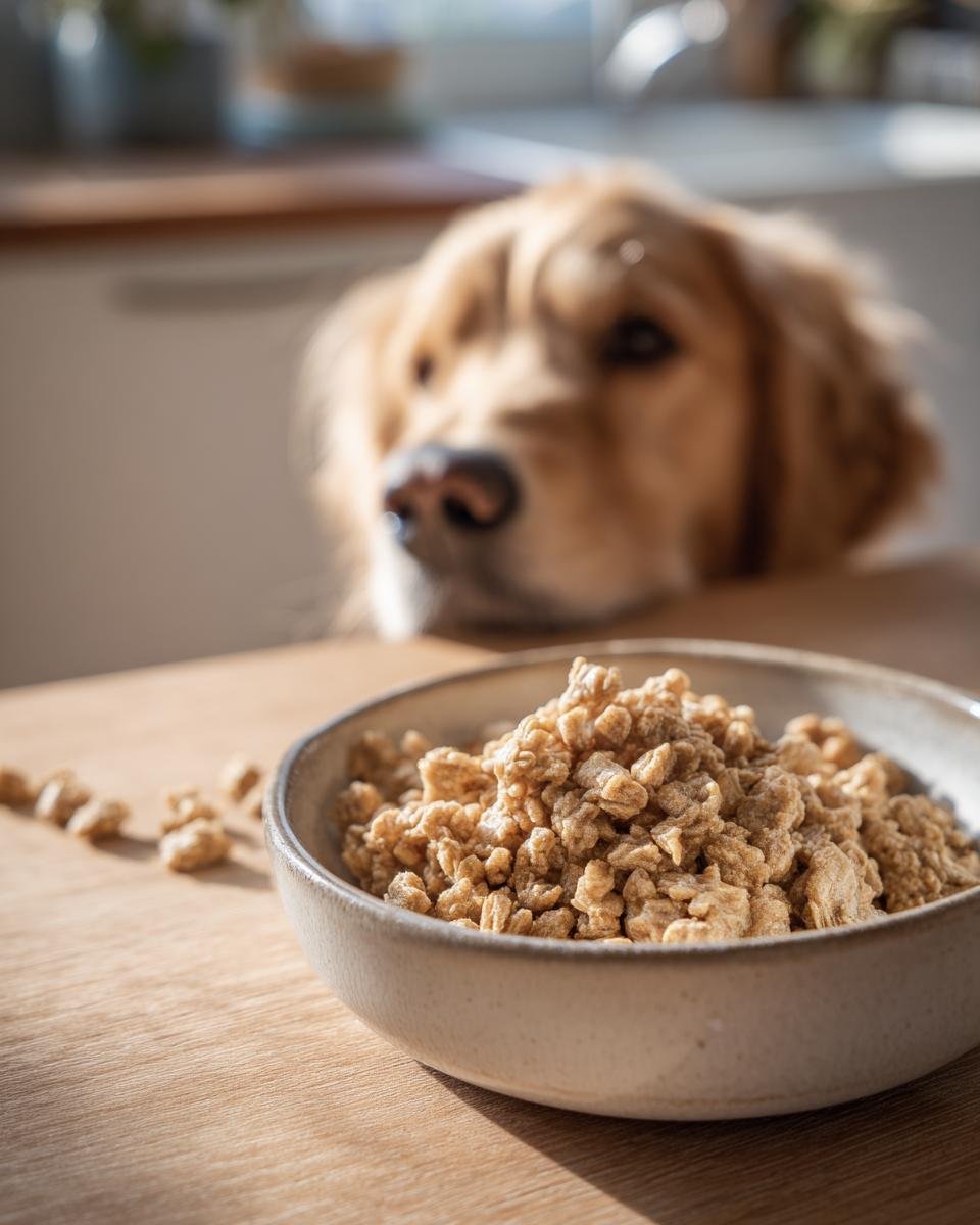 A bowl filled with Homemade Chicken and Oat High Fiber Kibbles, with a golden retriever looking eagerly in the background.