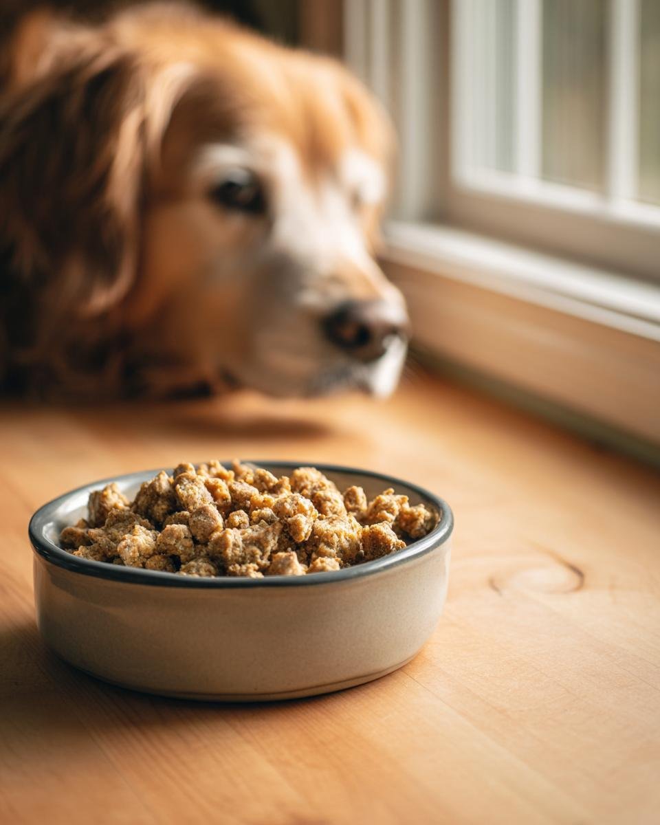 A bowl filled with Homemade Chicken and Oat High Fiber Kibbles, with a golden retriever looking on in the background.