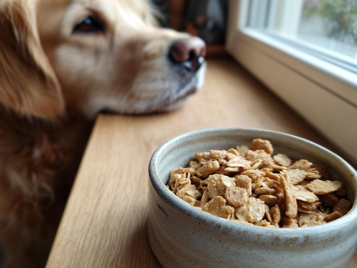 A bowl of Homemade Chicken and Oat High Fiber Kibbles with a golden retriever looking longingly in the background.