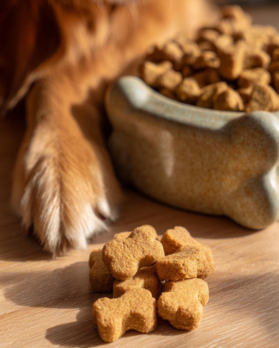 Close-up of bone-shaped Homemade Chicken and Parsley Fresh Breath Kibble on a wooden surface next to a dog bowl.