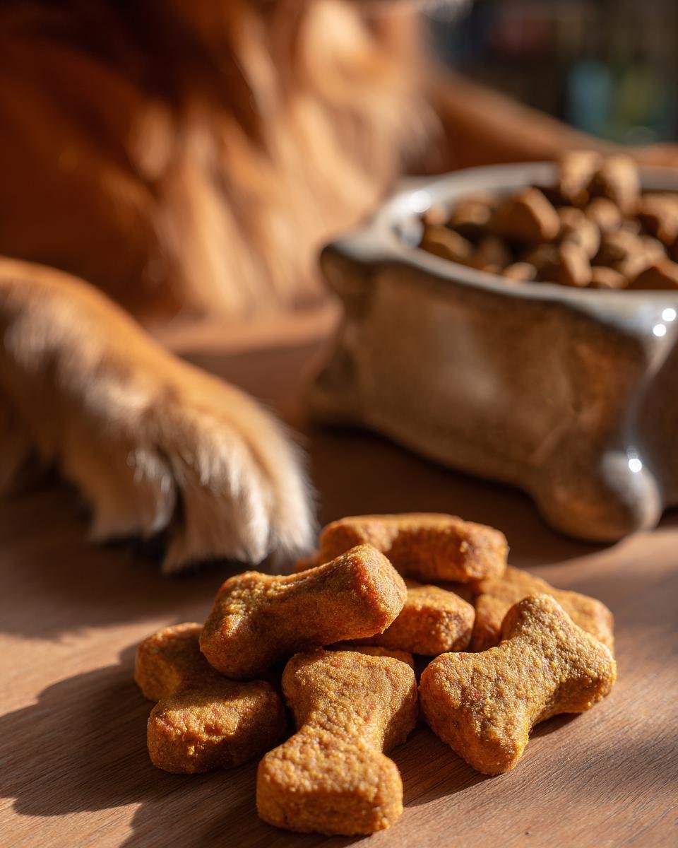 Pile of bone-shaped Homemade Chicken and Parsley Fresh Breath Kibble treats next to a dog bowl