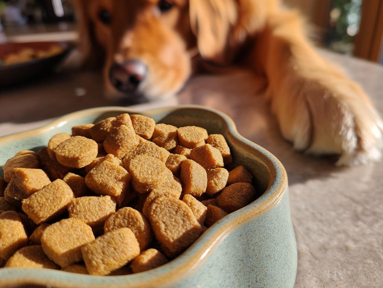 Close-up of Homemade Chicken and Parsley Fresh Breath Kibble in a bowl, with a golden retriever watching in the background.