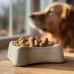 Close-up of Homemade Chicken and Pea High Fiber Kibble in a ceramic dog bowl, with a dog waiting in the background.