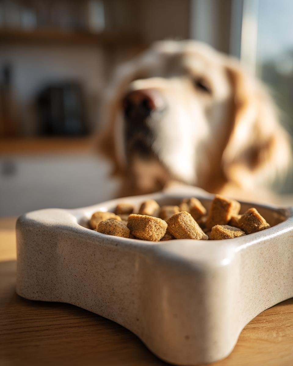 Close-up of Homemade Chicken and Pea High Fiber Kibble in a ceramic bowl with a golden retriever waiting in the background.