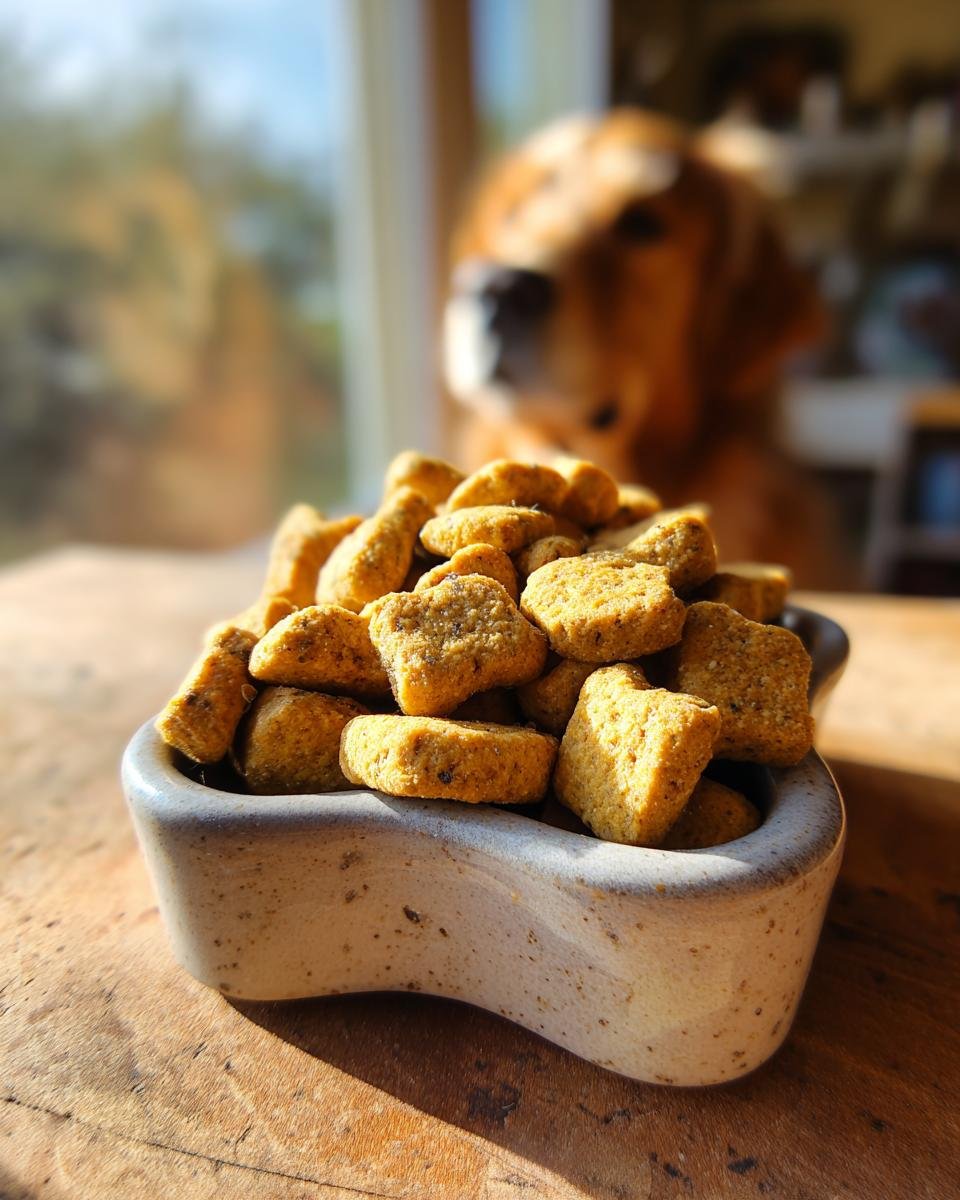 A bowl filled with Homemade Chicken and Pea High Fiber Kibble, with a dog waiting in the background.