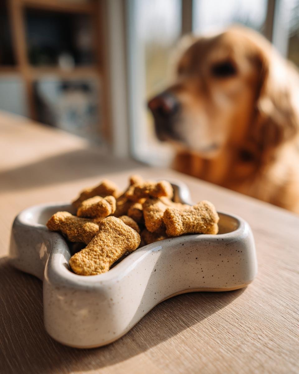 Close-up of bone-shaped Homemade Chicken and Pea High Fiber Kibble in a speckled ceramic bowl, with a dog waiting in the background.