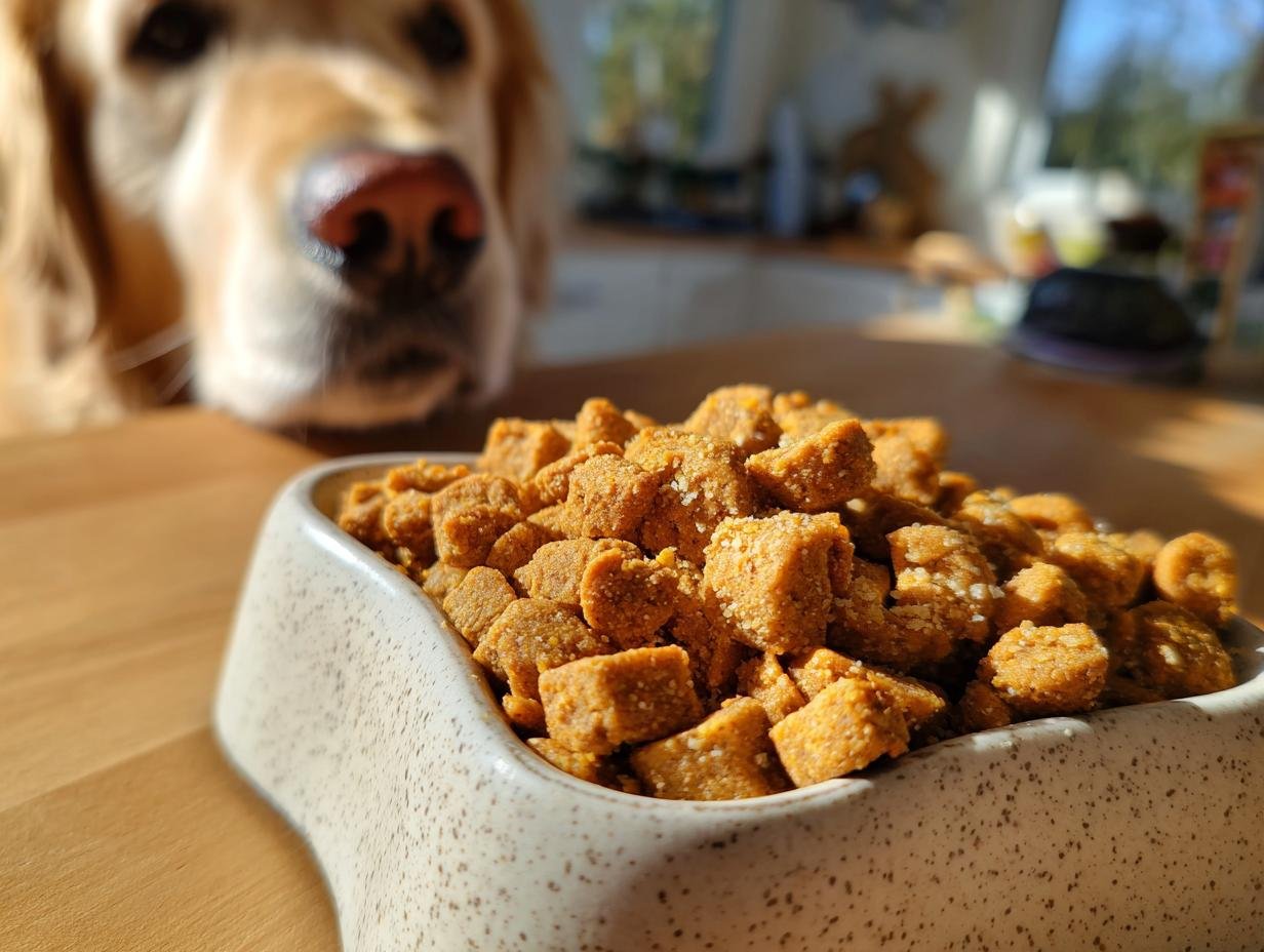 A bowl filled with Homemade Chicken and Pea High Fiber Kibble, with a golden retriever looking eagerly in the background.