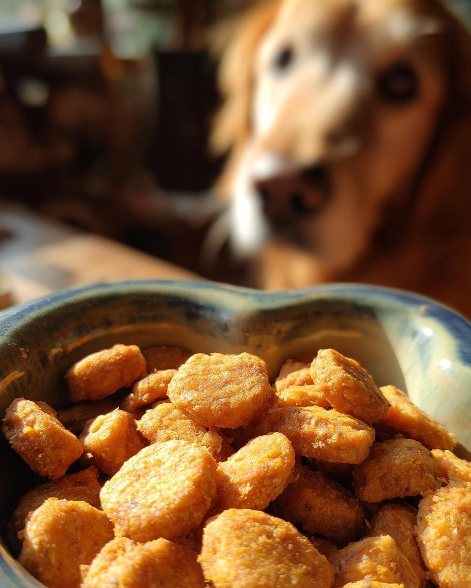 A close-up of Homemade Chicken and Pumpkin Air Crisped Kibbles in a bowl, with a dog watching in the background.