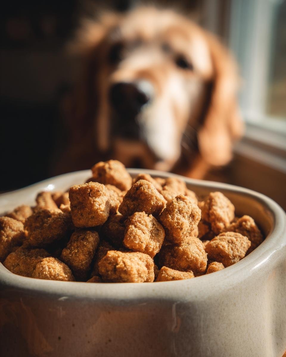 A bowl filled with Homemade Chicken and Pumpkin Air Crisped Kibbles, with a golden retriever looking eagerly in the background.