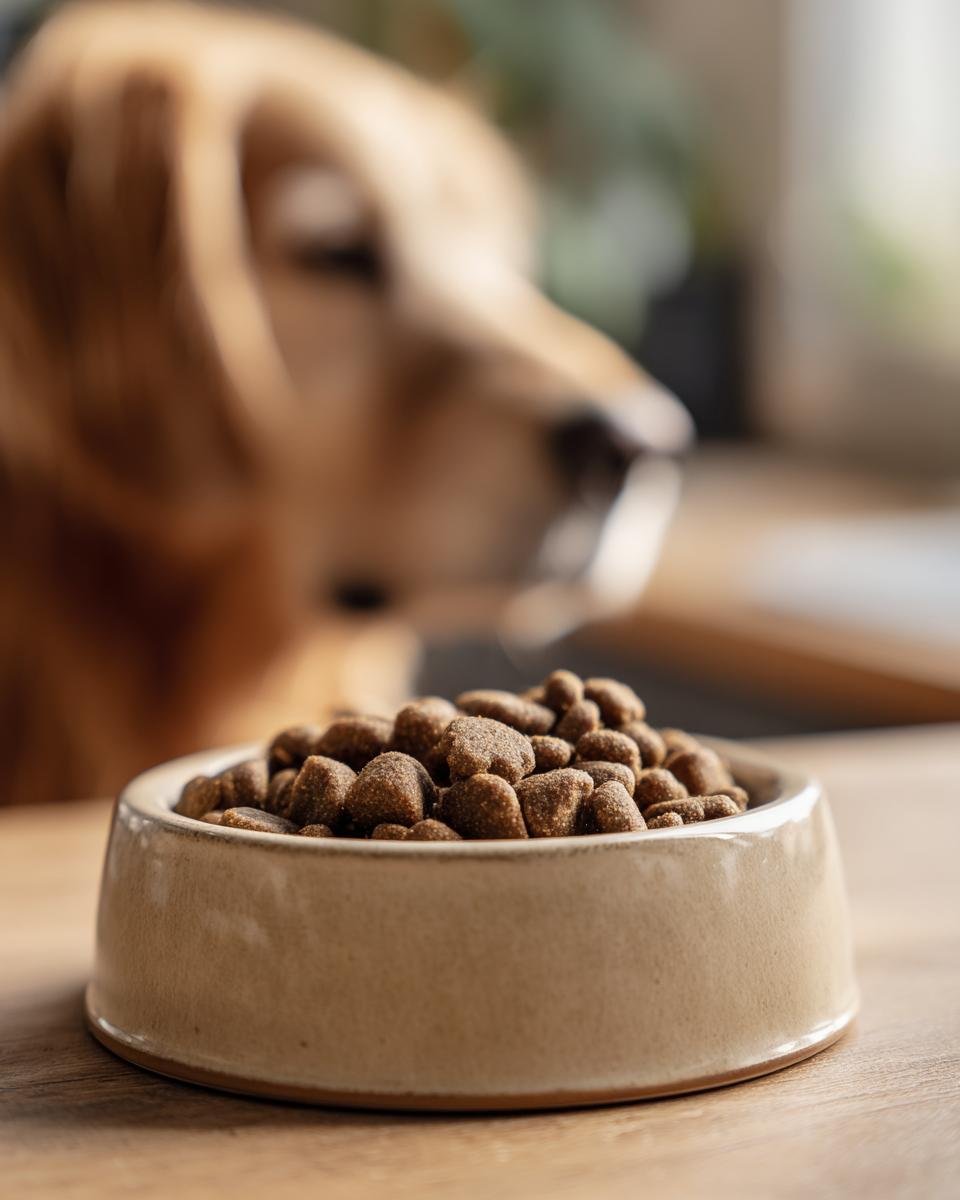 Close-up of a bowl filled with Homemade Chicken and Pumpkin Digestive Kibble Mix, with a golden retriever waiting in the background.