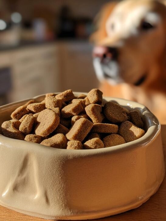 A bowl filled with Homemade Chicken and Pumpkin Digestive Kibble Mix, with a golden retriever waiting in the background.