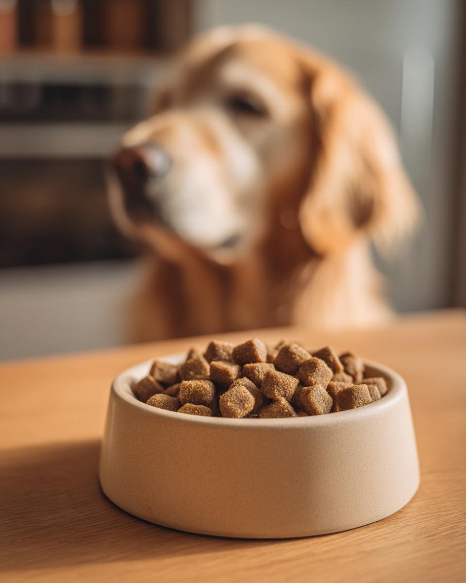 A close-up of a bowl filled with Homemade Chicken and Pumpkin Digestive Kibble Mix, with a golden retriever waiting in the background.
