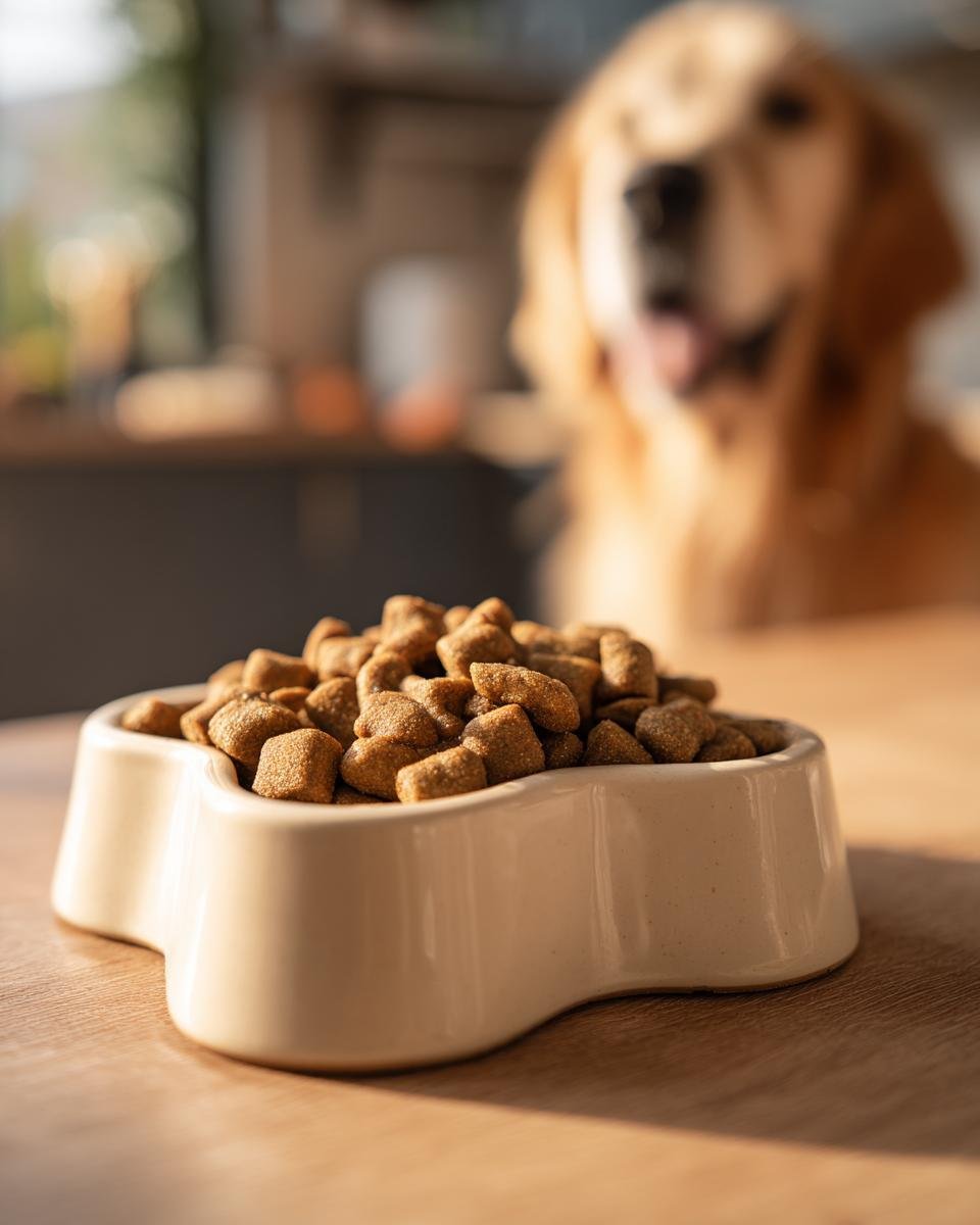 A close-up of Homemade Chicken and Pumpkin Digestive Kibble Mix in a ceramic dog bowl, with a happy Golden Retriever in the background.