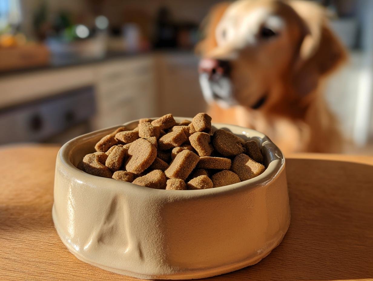 A bowl filled with Homemade Chicken and Pumpkin Digestive Kibble Mix, with a golden retriever waiting in the background.