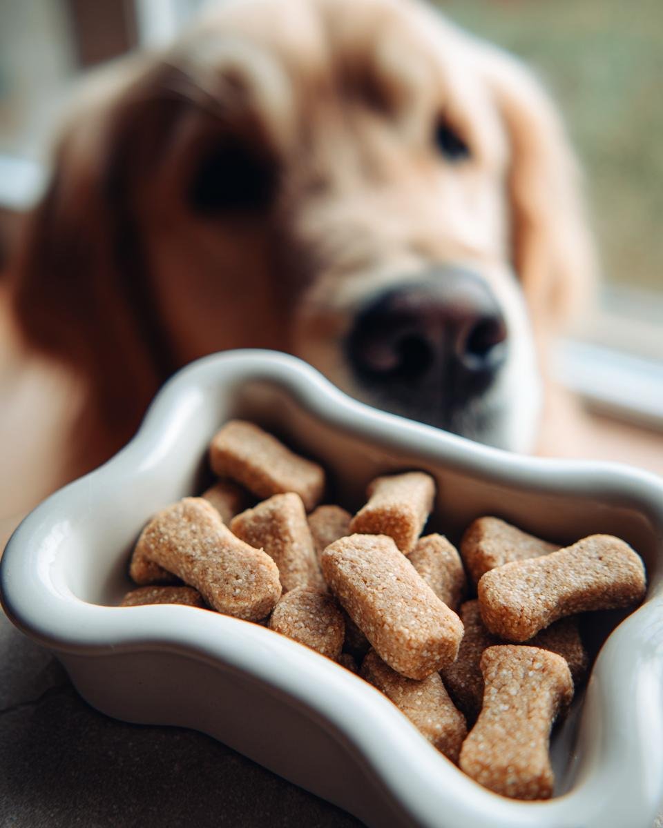 A white, star-shaped bowl filled with Homemade Chicken and Quinoa Energy Kibbles, watched by a golden retriever.