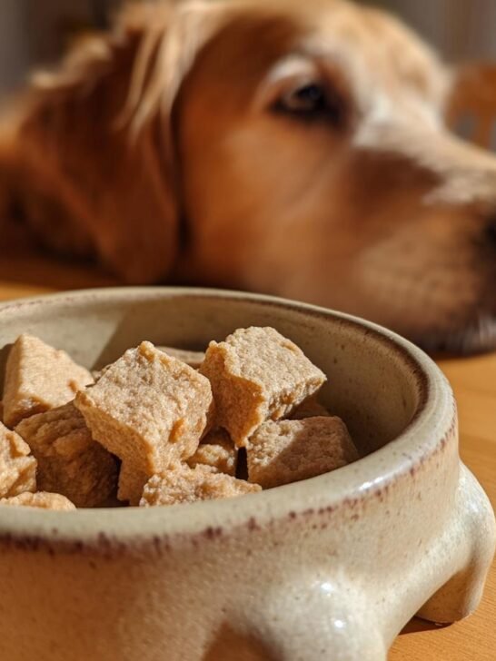 A close-up of Homemade Chicken and Rice Gentle Tummy Kibbles in a ceramic bowl, with a golden retriever looking eagerly in the background.