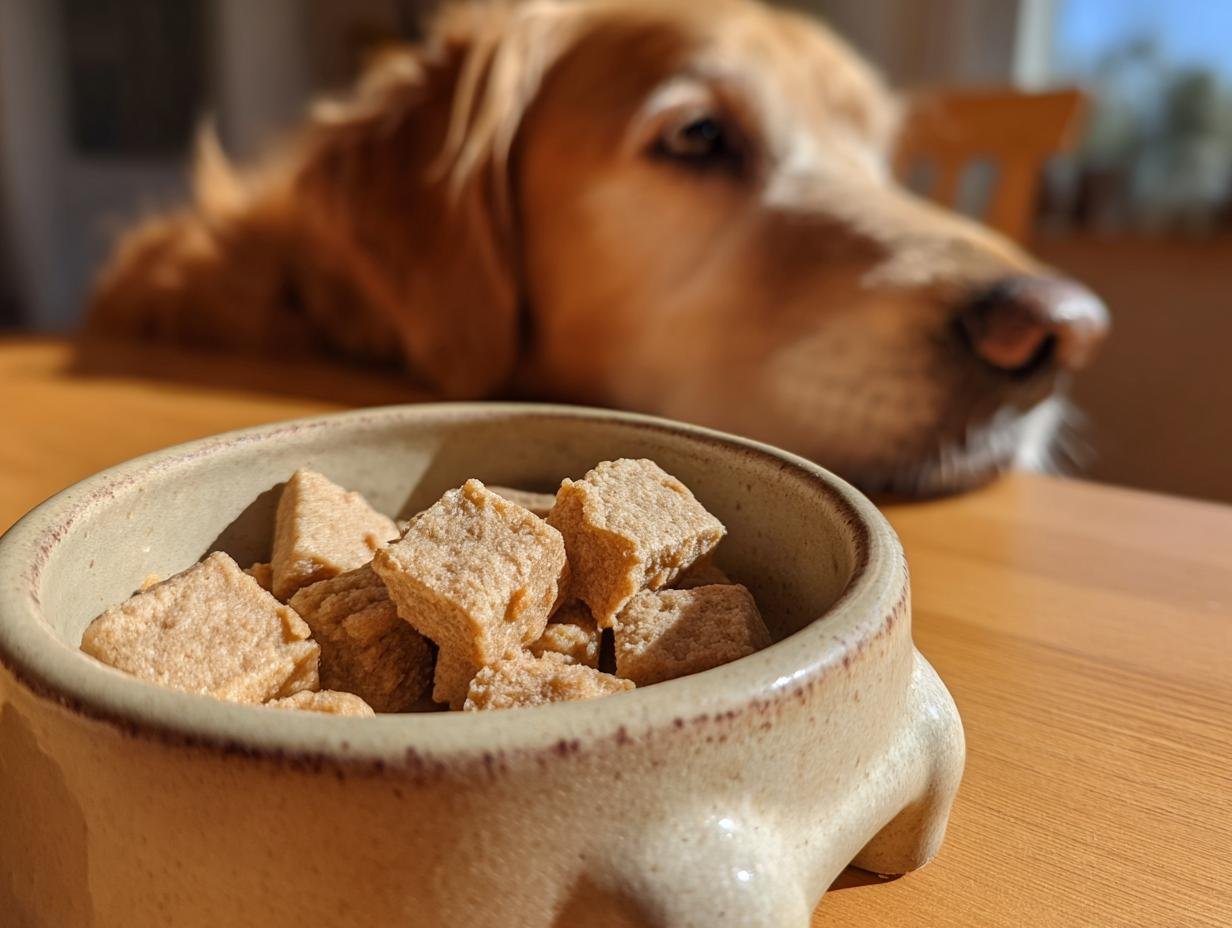 A close-up of Homemade Chicken and Rice Gentle Tummy Kibbles in a ceramic bowl, with a golden retriever looking eagerly in the background.