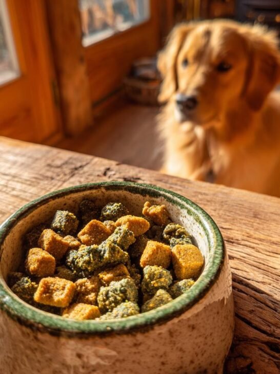 Close-up of Homemade Chicken and Spinach Joint Support Kibble in a rustic bowl with a golden retriever waiting in the background.
