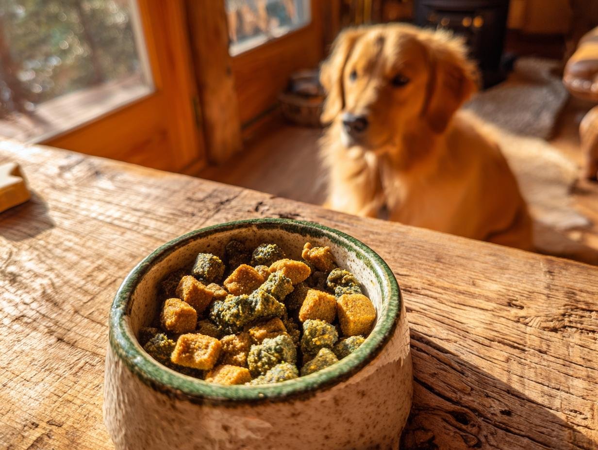 Close-up of Homemade Chicken and Spinach Joint Support Kibble in a rustic bowl with a golden retriever waiting in the background.