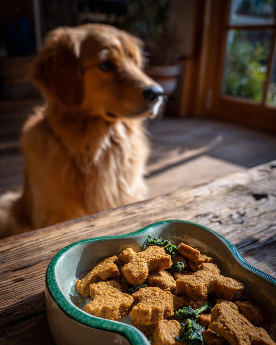 A bowl of Homemade Chicken and Spinach Joint Support Kibble shaped like bones, with a Golden Retriever waiting in the background.