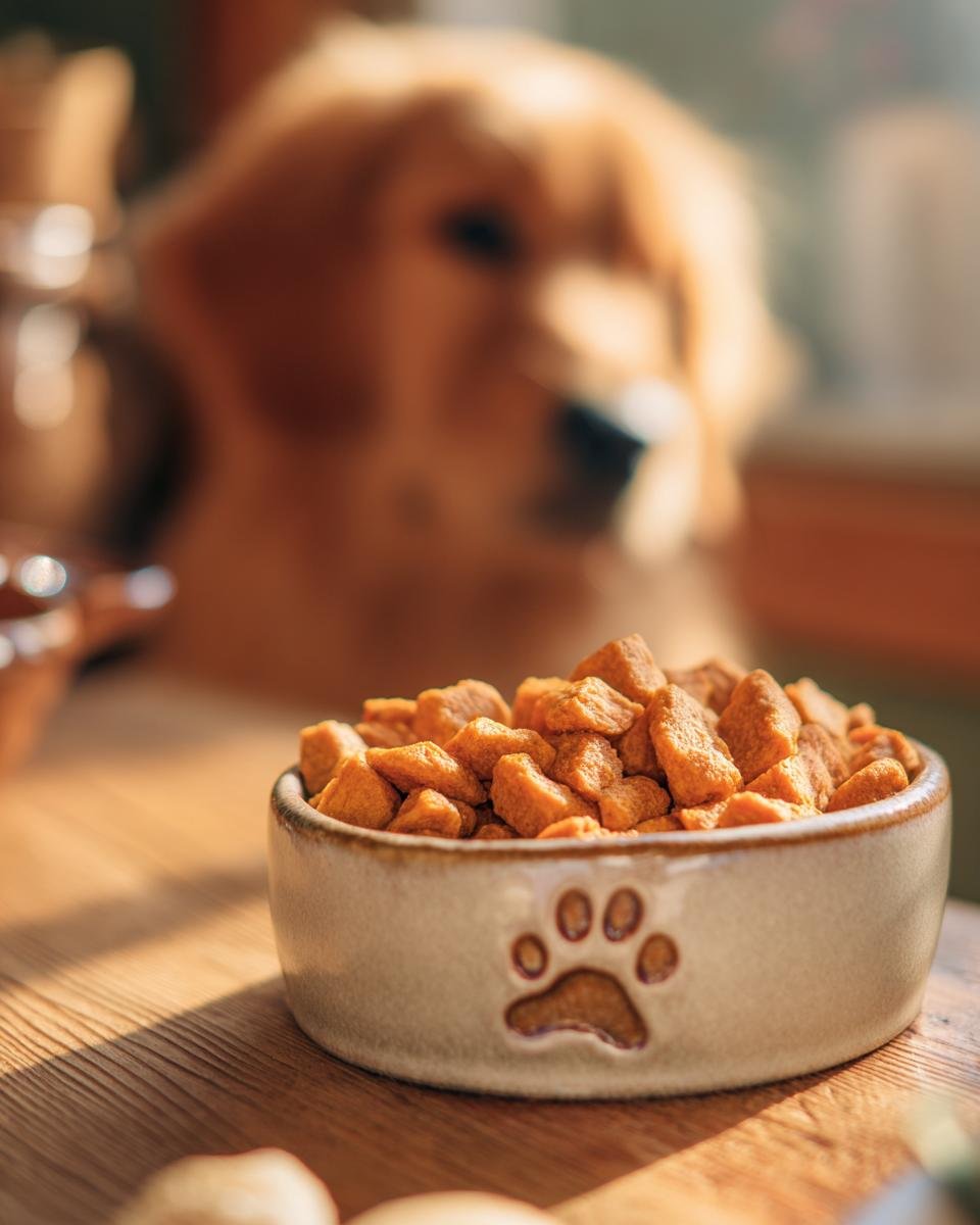 A bowl filled with Homemade Chicken and Sweet Potato Cozy Oven Kibbles, with a waiting dog in the background.