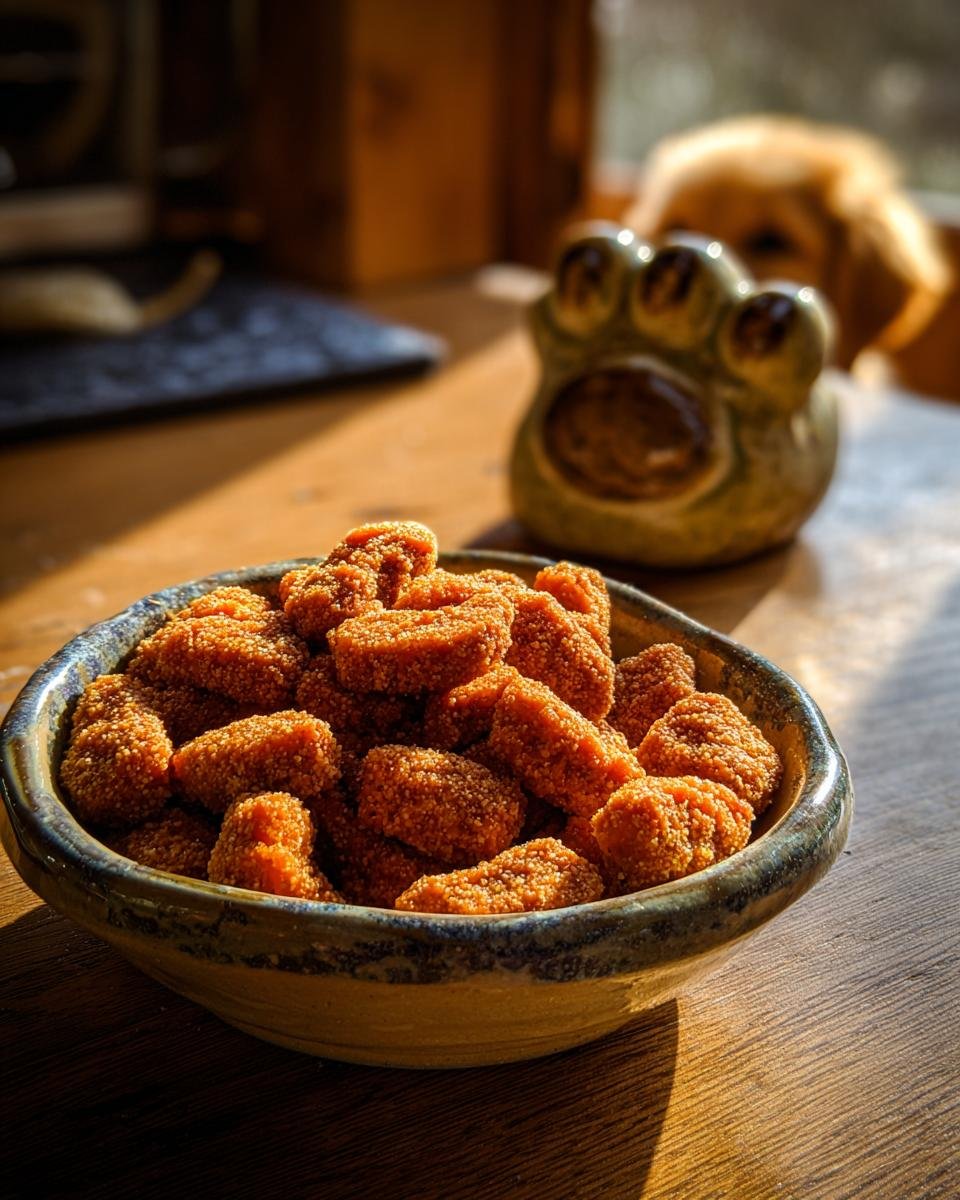 A bowl filled with Homemade Chicken and Sweet Potato Cozy Oven Kibbles, with a dog in the background.