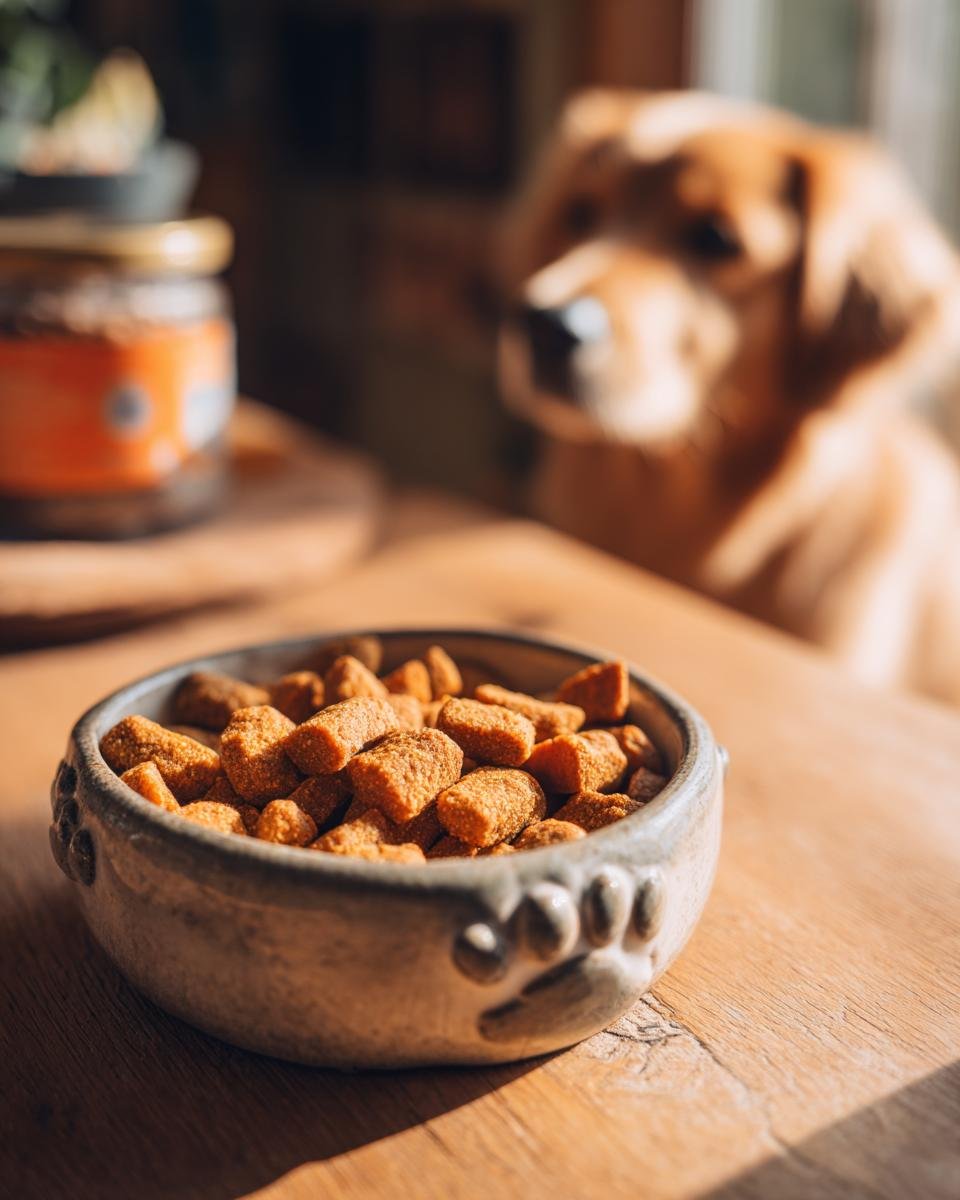 A close-up of Homemade Chicken and Sweet Potato Cozy Oven Kibbles in a ceramic dog bowl with paw prints.