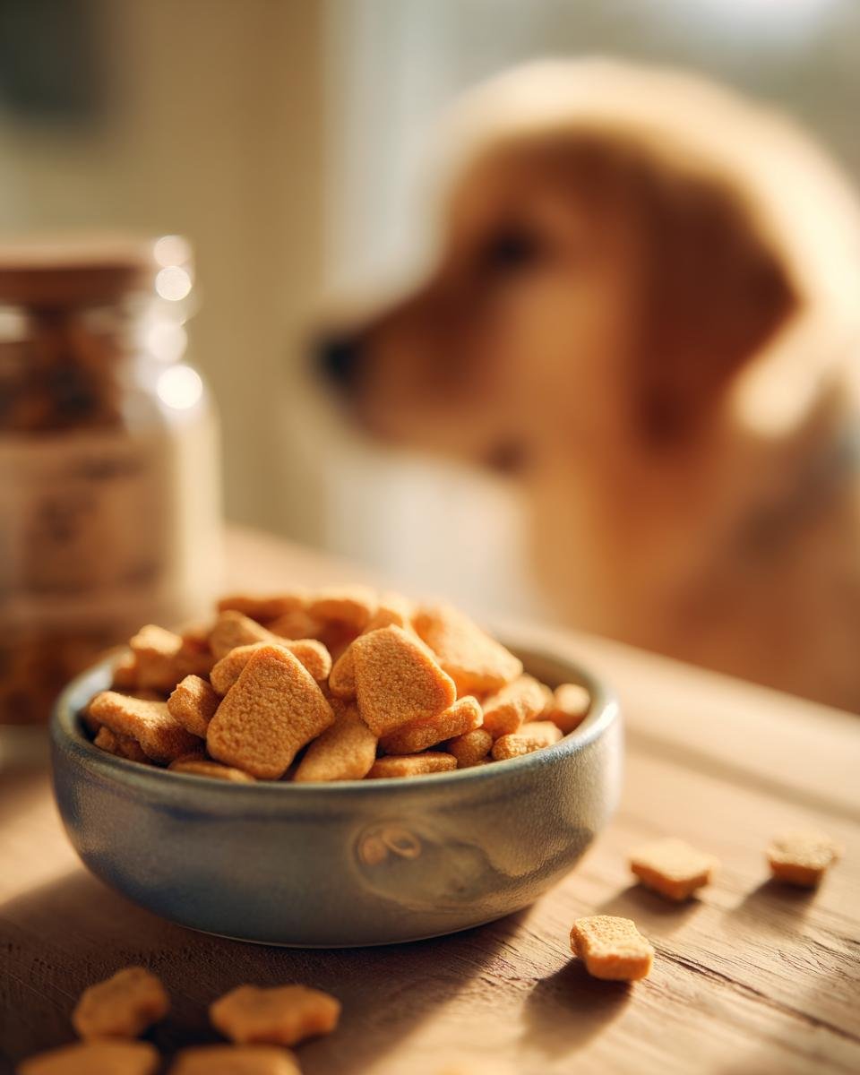A close-up of a bowl filled with Homemade Chicken and Sweet Potato Cozy Oven Kibbles, with a dog waiting in the background.
