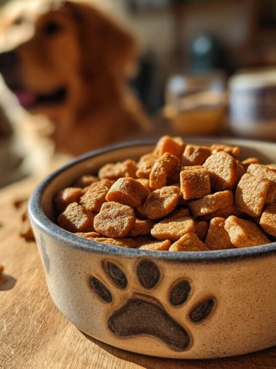 A ceramic dog bowl filled with Homemade Chicken and Sweet Potato Cozy Oven Kibbles, with a golden retriever waiting in the background.