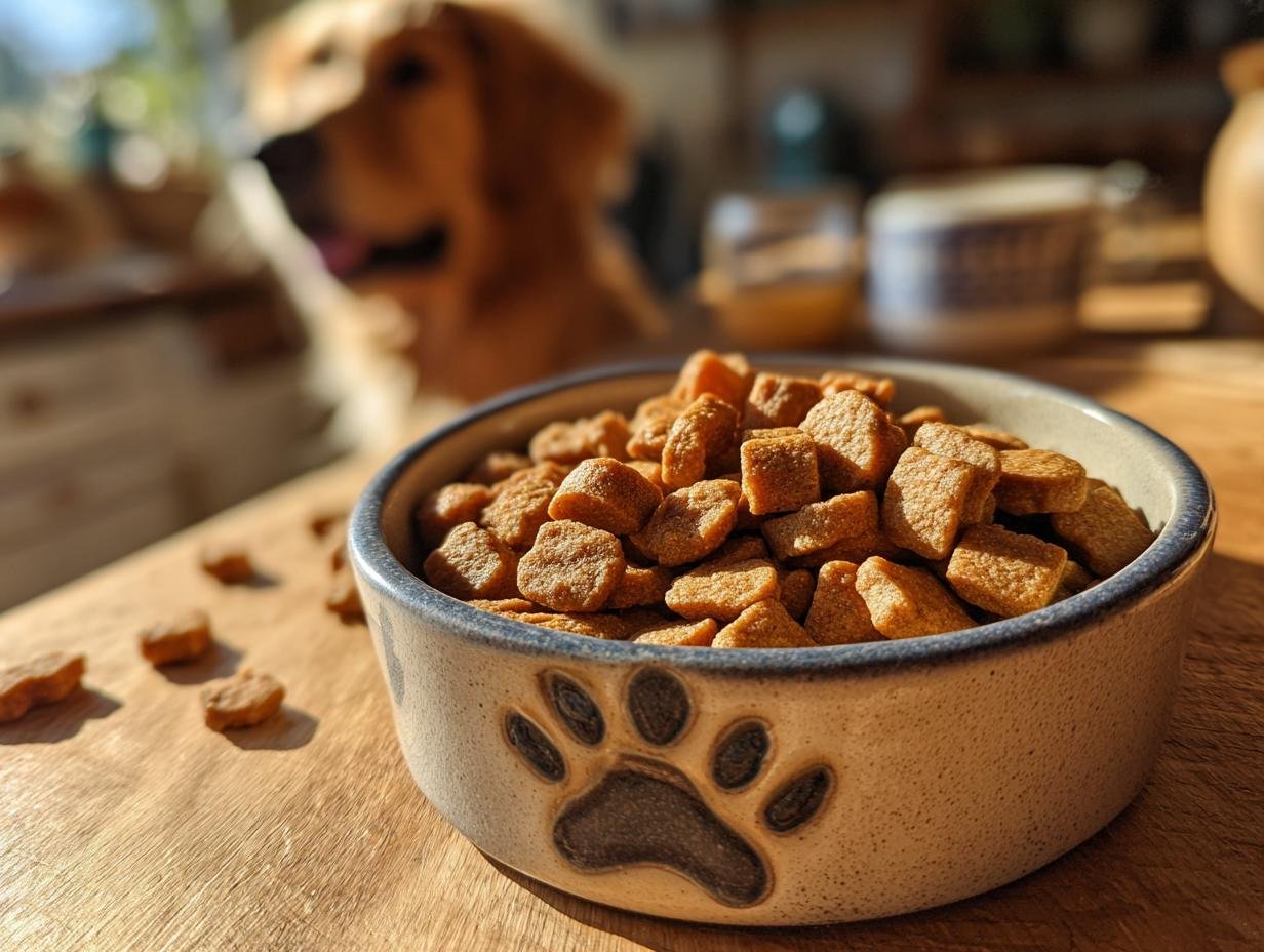 A ceramic dog bowl filled with Homemade Chicken and Sweet Potato Cozy Oven Kibbles, with a golden retriever waiting in the background.