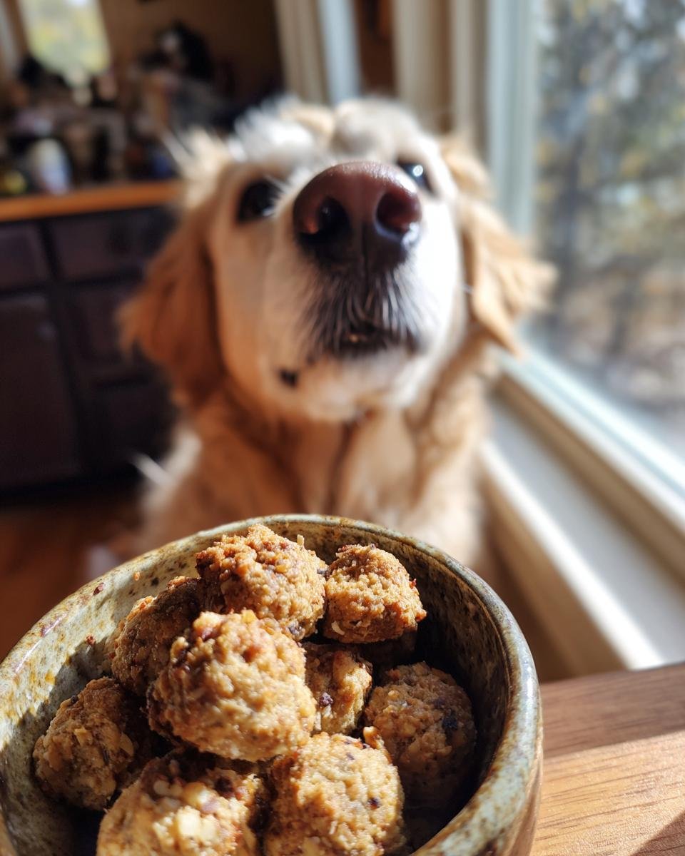 A bowl of Homemade Crispy Lamb and Parsnip Protein Kibble with a curious Golden Retriever looking on.