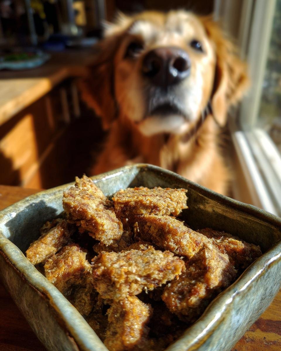 A bowl filled with Homemade Crispy Lamb and Parsnip Protein Kibble, with a golden retriever looking eagerly in the background.