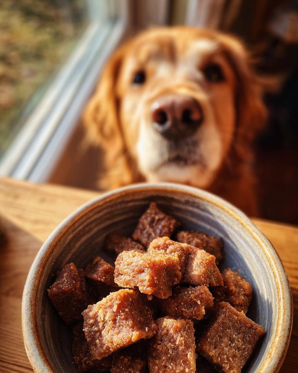 A bowl of Homemade Crispy Lamb and Parsnip Protein Kibble with a golden retriever looking eagerly in the background.