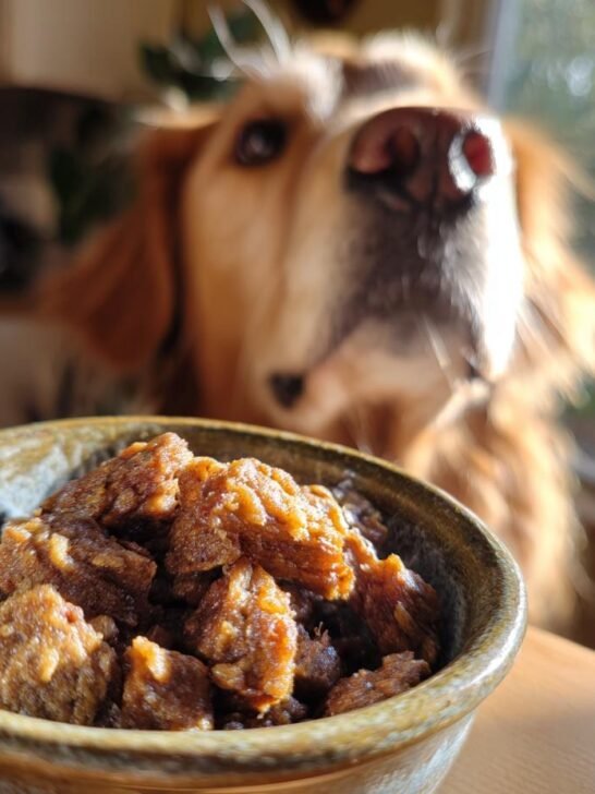 A bowl of Homemade Crispy Lamb and Parsnip Protein Kibble with a golden retriever eagerly sniffing in the background.