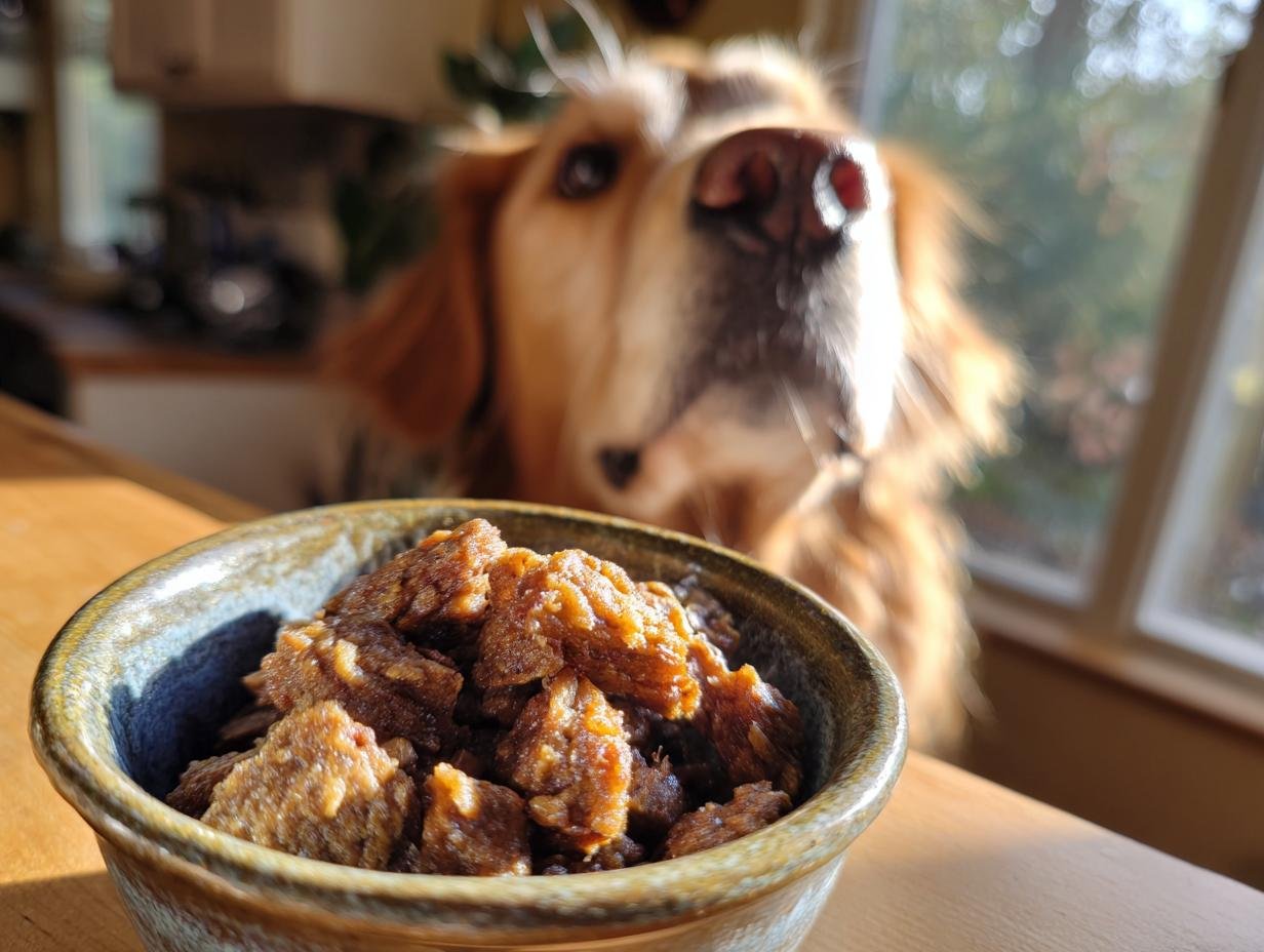 A bowl of Homemade Crispy Lamb and Parsnip Protein Kibble with a golden retriever eagerly sniffing in the background.