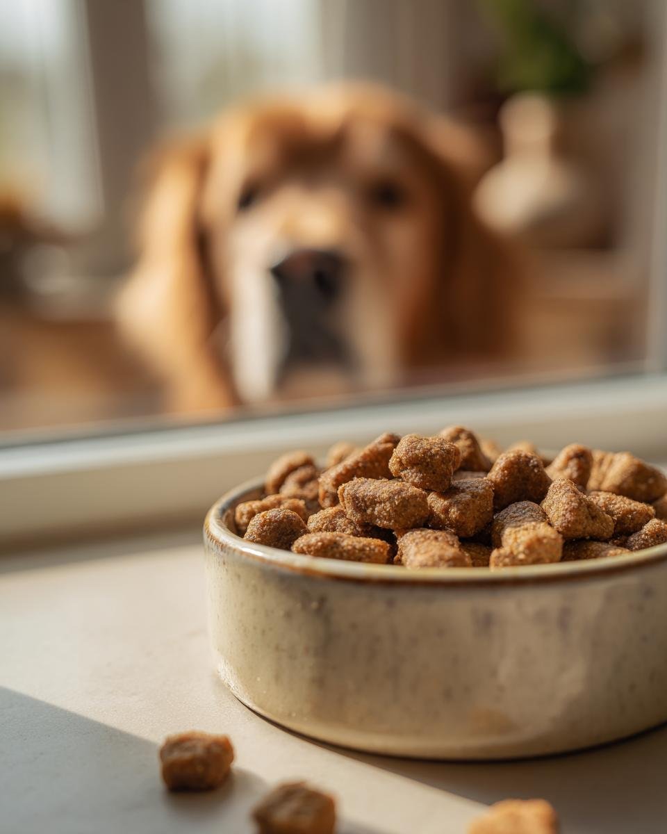 A bowl filled with Homemade Crunchy Chicken Veggie Mini Kibbles, with a dog looking eagerly in the background.