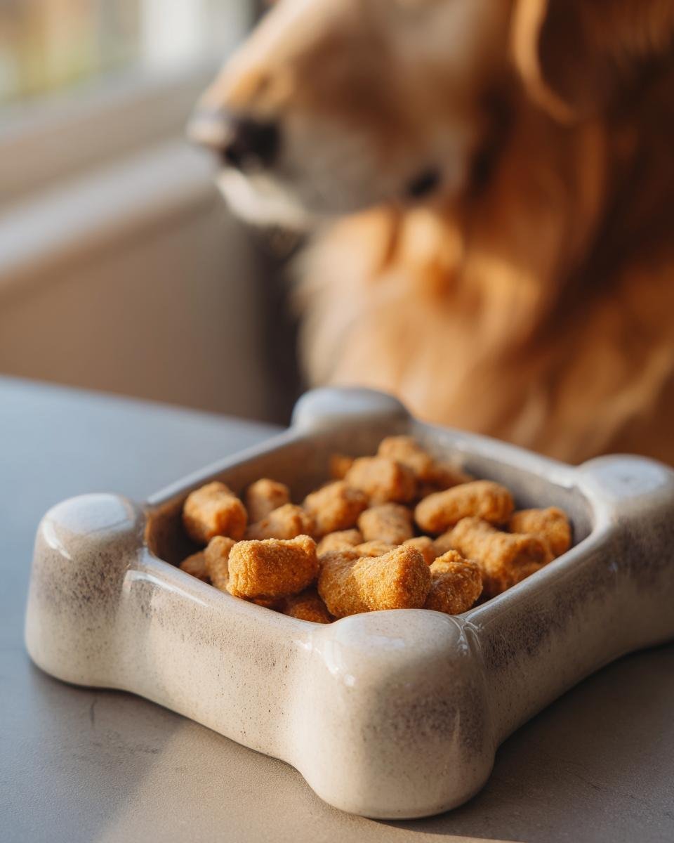 A bone-shaped bowl filled with Homemade Crunchy Chicken Veggie Mini Kibbles, with a golden retriever in the background.