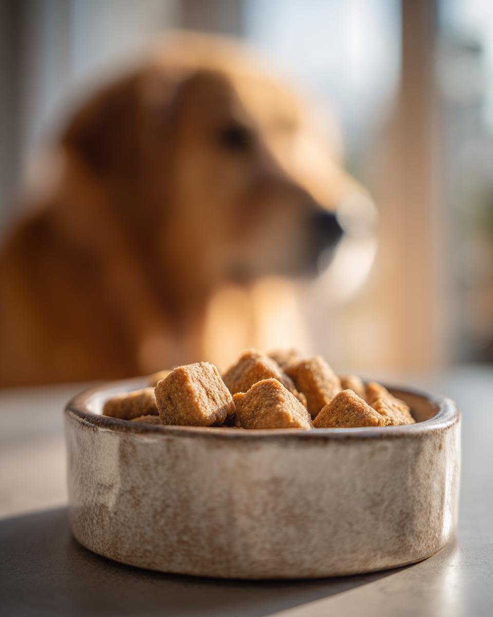 Close-up of Homemade Crunchy Chicken Veggie Mini Kibbles in a rustic bowl, with a golden retriever waiting in the background.