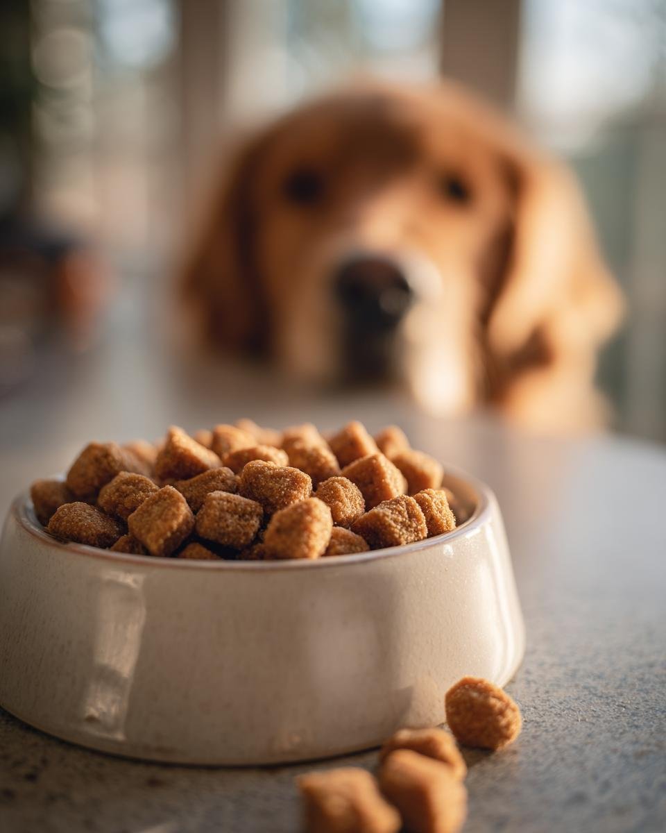 A bowl filled with Homemade Crunchy Chicken Veggie Mini Kibbles, with a golden retriever looking on in the background.