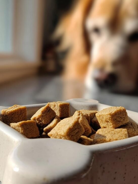 Close-up of Homemade Crunchy Chicken Veggie Mini Kibbles in a ceramic dish, with a dog looking on in the background.