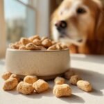 A bowl overflowing with Homemade Crunchy Chicken Veggie Mini Kibbles, with a golden retriever looking eagerly in the background.