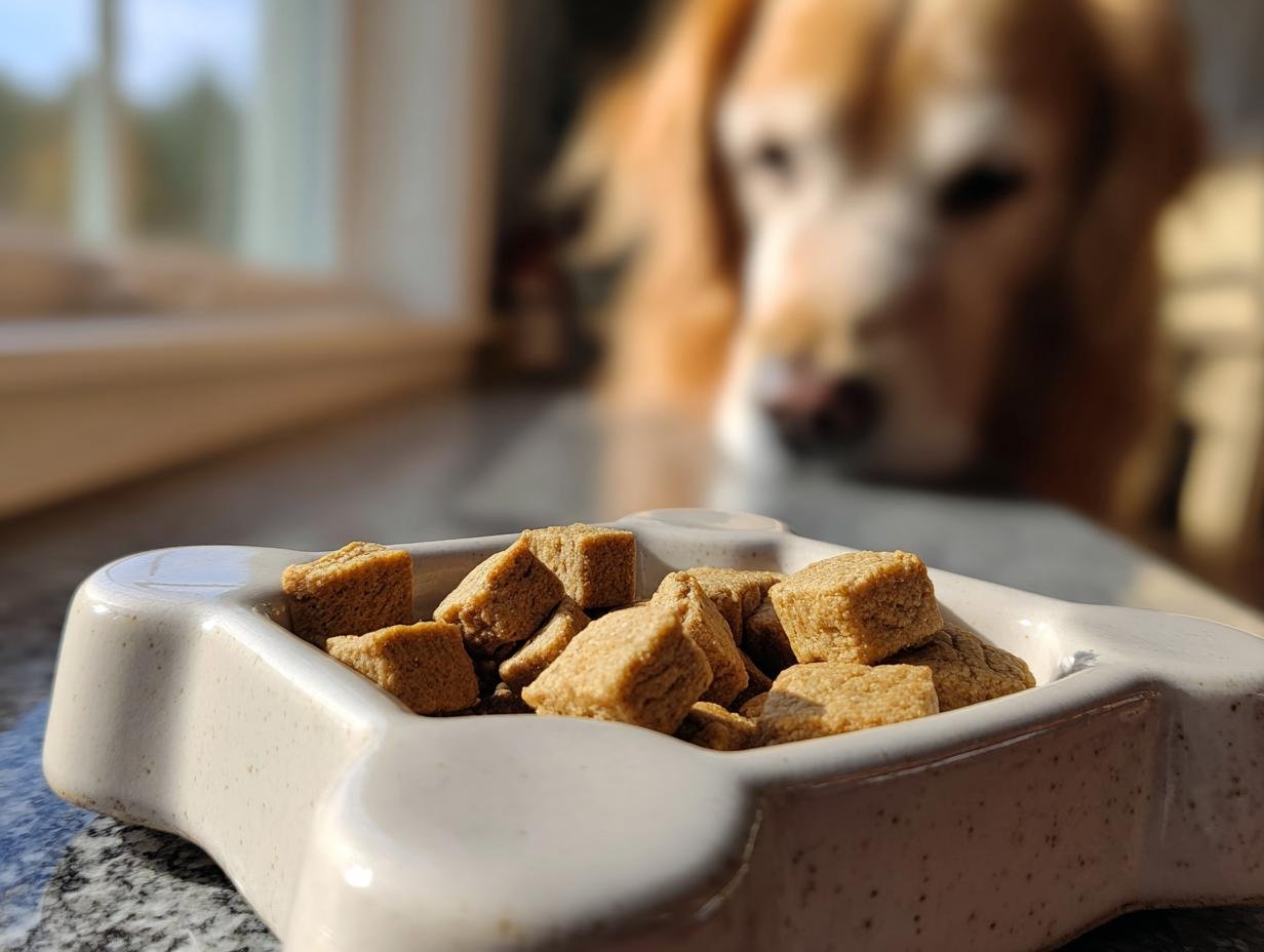 Close-up of Homemade Crunchy Chicken Veggie Mini Kibbles in a ceramic dish, with a dog looking on in the background.