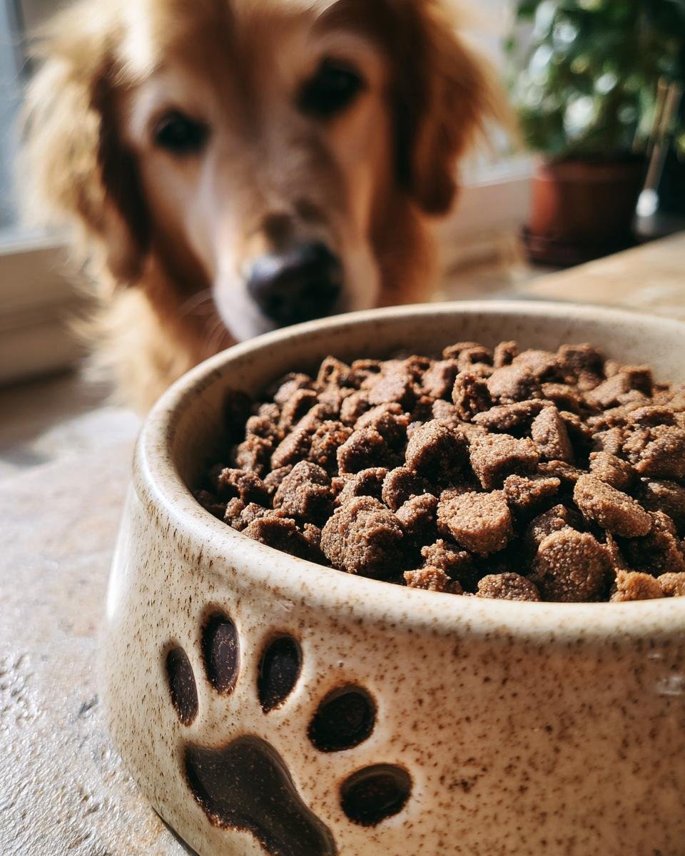 A bowl of Homemade Oven Baked Turkey and Carrot Kibble crumbs with a curious Golden Retriever looking on.