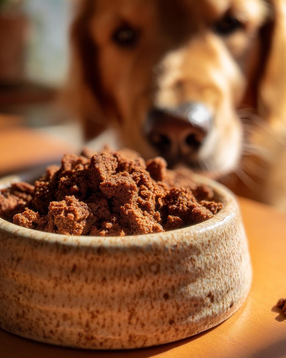 A bowl filled with Homemade Oven Baked Turkey and Carrot Kibble Crumbs, with a dog looking on in the background.