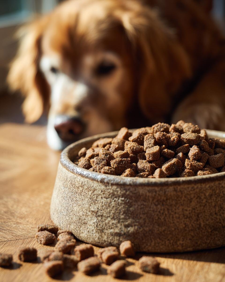 Close-up of Homemade Oven Baked Turkey and Carrot Kibble Crumbs in a bowl with a dog watching eagerly in the background.