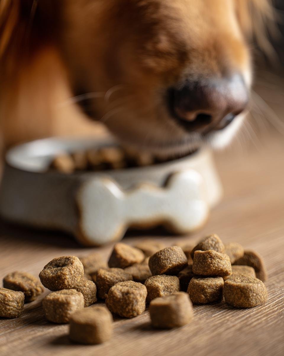 Close-up of Homemade Rabbit and Green Bean Sensitive Stomach Kibbles spilled on wood, with a dog eating from a bone-shaped bowl in the background.
