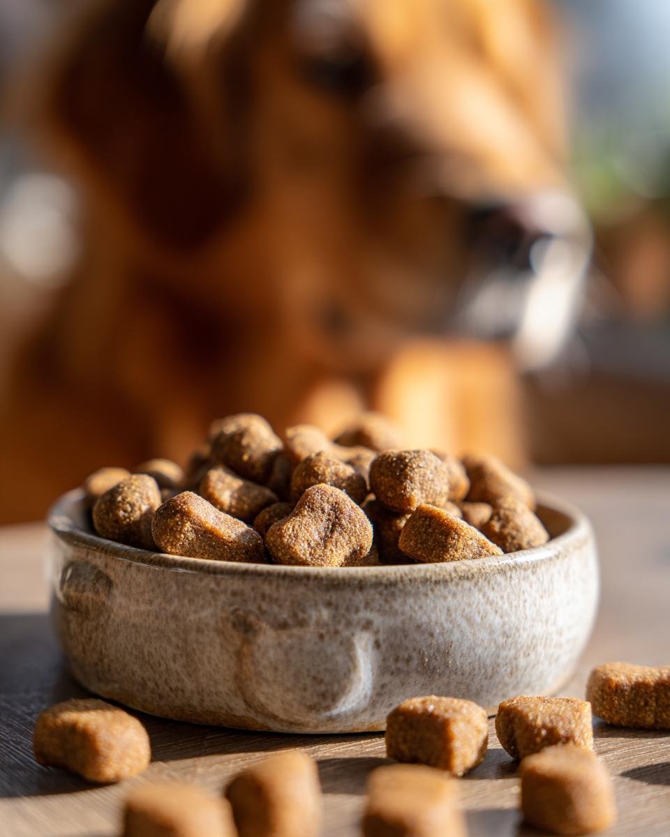 Close-up of Homemade Rabbit and Green Bean Sensitive Stomach Kibbles in a rustic bowl with a dog blurred in the background.