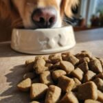 Close-up of Homemade Rabbit and Green Bean Sensitive Stomach Kibbles with a dog's nose eating from a bowl in the background.
