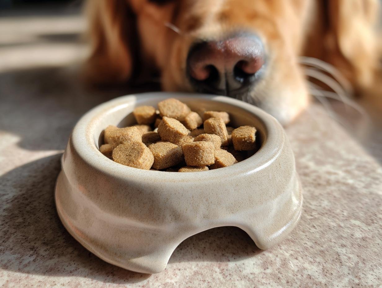 Close-up of Homemade Rabbit and Green Bean Sensitive Stomach Kibbles in a ceramic bowl with a dog sniffing in the background.